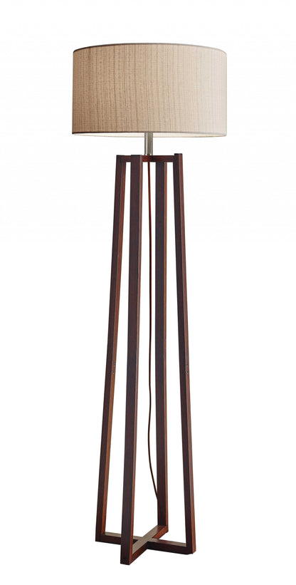 60" BROWN SOLID WOOD NOVELTY FLOOR LAMP WITH BEIGE FABRIC DRUM SHADE - Varnish & Vibe