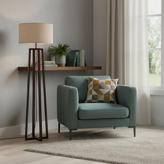 60" BROWN SOLID WOOD NOVELTY FLOOR LAMP WITH BEIGE FABRIC DRUM SHADE - Varnish & Vibe