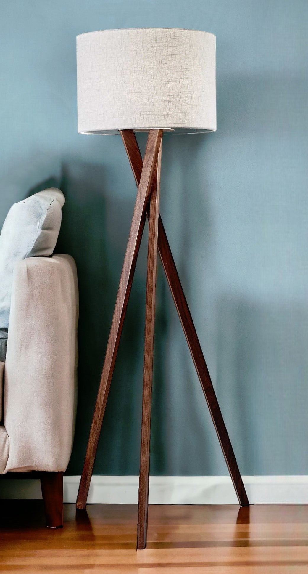 63" BROWN AND WHITE SOLID WOOD TRIPOD FLOOR LAMP WITH WHITE LINEN DRUM SHADE - Varnish & Vibe
