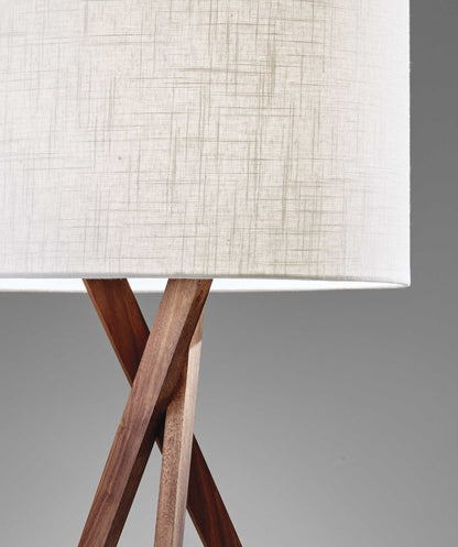 63" BROWN AND WHITE SOLID WOOD TRIPOD FLOOR LAMP WITH WHITE LINEN DRUM SHADE - Varnish & Vibe