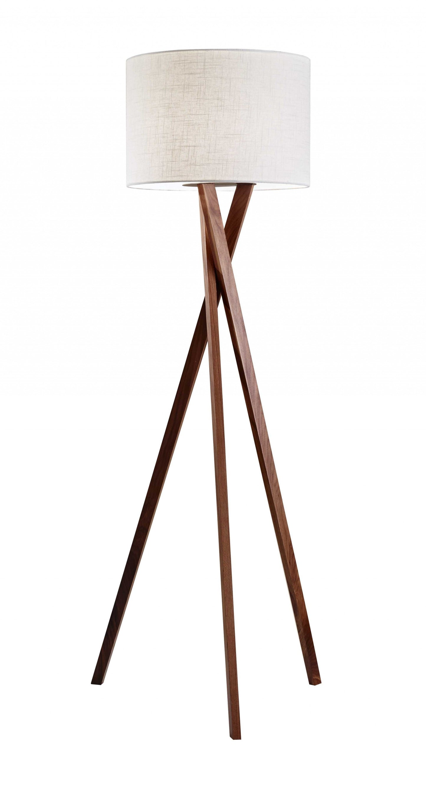 63" BROWN AND WHITE SOLID WOOD TRIPOD FLOOR LAMP WITH WHITE LINEN DRUM SHADE - Varnish & Vibe