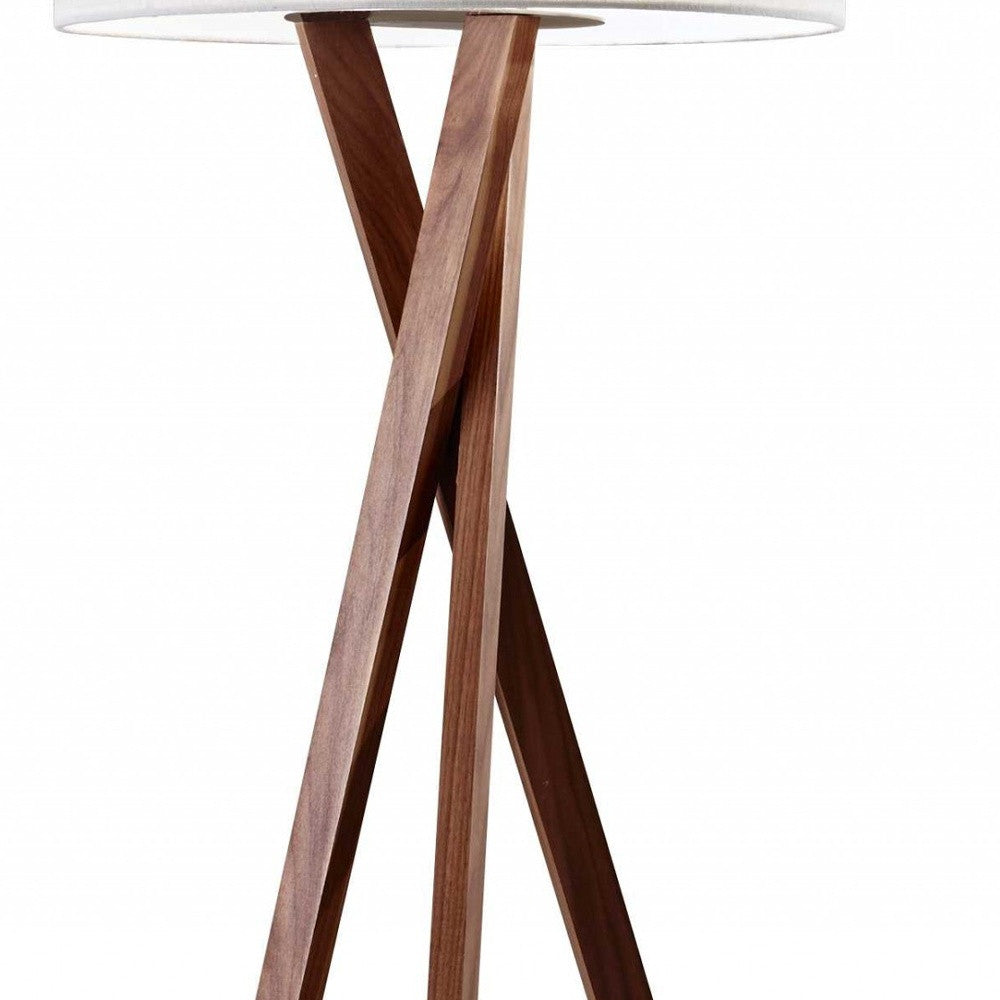 63" BROWN AND WHITE SOLID WOOD TRIPOD FLOOR LAMP WITH WHITE LINEN DRUM SHADE - Varnish & Vibe
