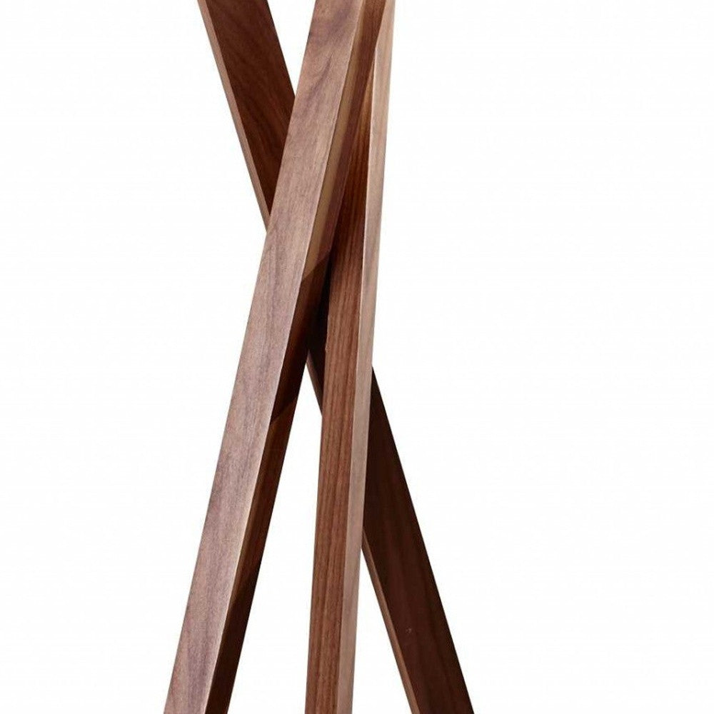 63" BROWN AND WHITE SOLID WOOD TRIPOD FLOOR LAMP WITH WHITE LINEN DRUM SHADE - Varnish & Vibe