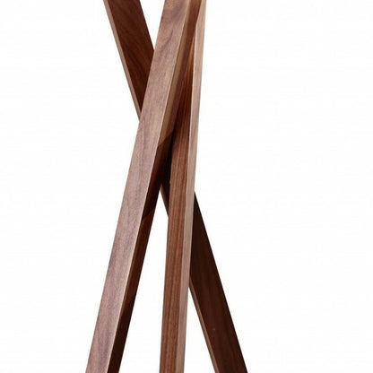 63" BROWN AND WHITE SOLID WOOD TRIPOD FLOOR LAMP WITH WHITE LINEN DRUM SHADE - Varnish & Vibe