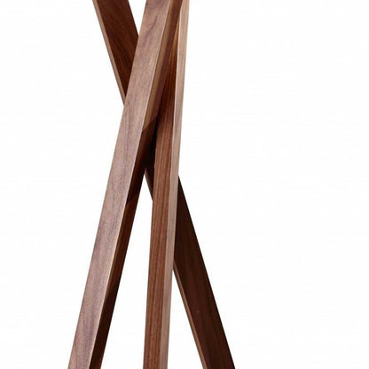 63" BROWN AND WHITE SOLID WOOD TRIPOD FLOOR LAMP WITH WHITE LINEN DRUM SHADE - Varnish & Vibe