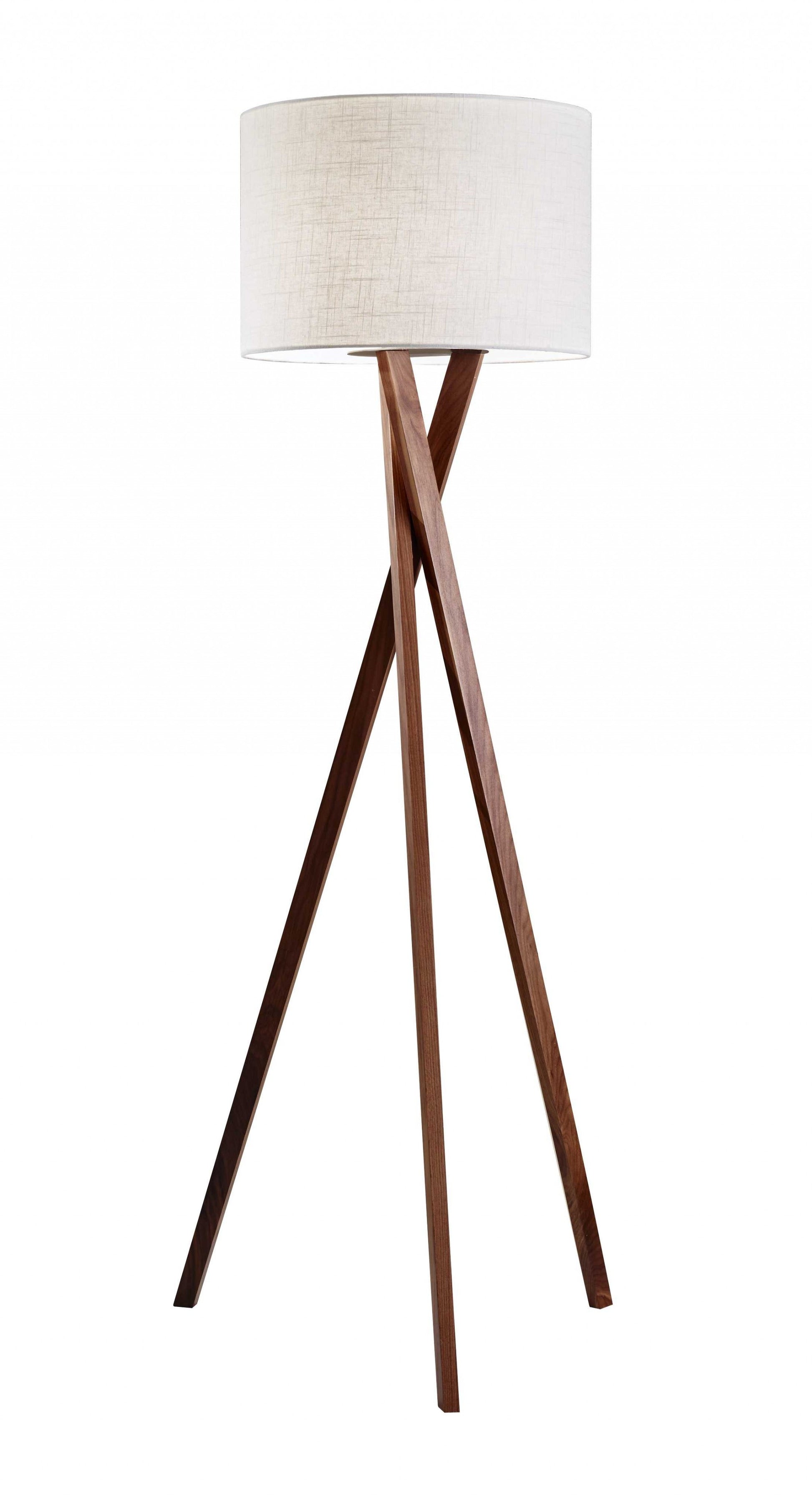 63" BROWN AND WHITE SOLID WOOD TRIPOD FLOOR LAMP WITH WHITE LINEN DRUM SHADE - Varnish & Vibe