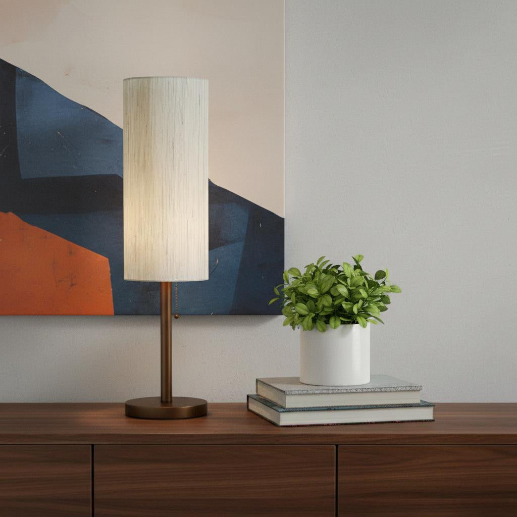 31" WALNUT SOLID WOOD STANDARD TABLE LAMP WITH BEIGE SHADE - Varnish & Vibe