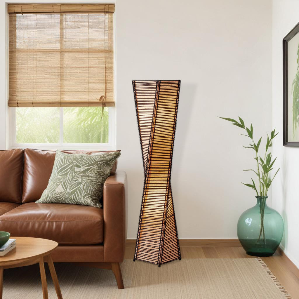 50" BLACK FLOOR LAMP WITH BLACK AND TAN TWISTED CYLINDER SHADE - Varnish & Vibe