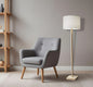 59" NATURAL SOLID WOOD FLOOR LAMP WITH WHITE LINEN DRUM SHADE - Varnish & Vibe