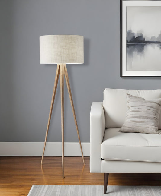 60" NATURAL METAL TRIPOD FLOOR LAMP WITH WHITE FABRIC DRUM SHADE - Varnish & Vibe