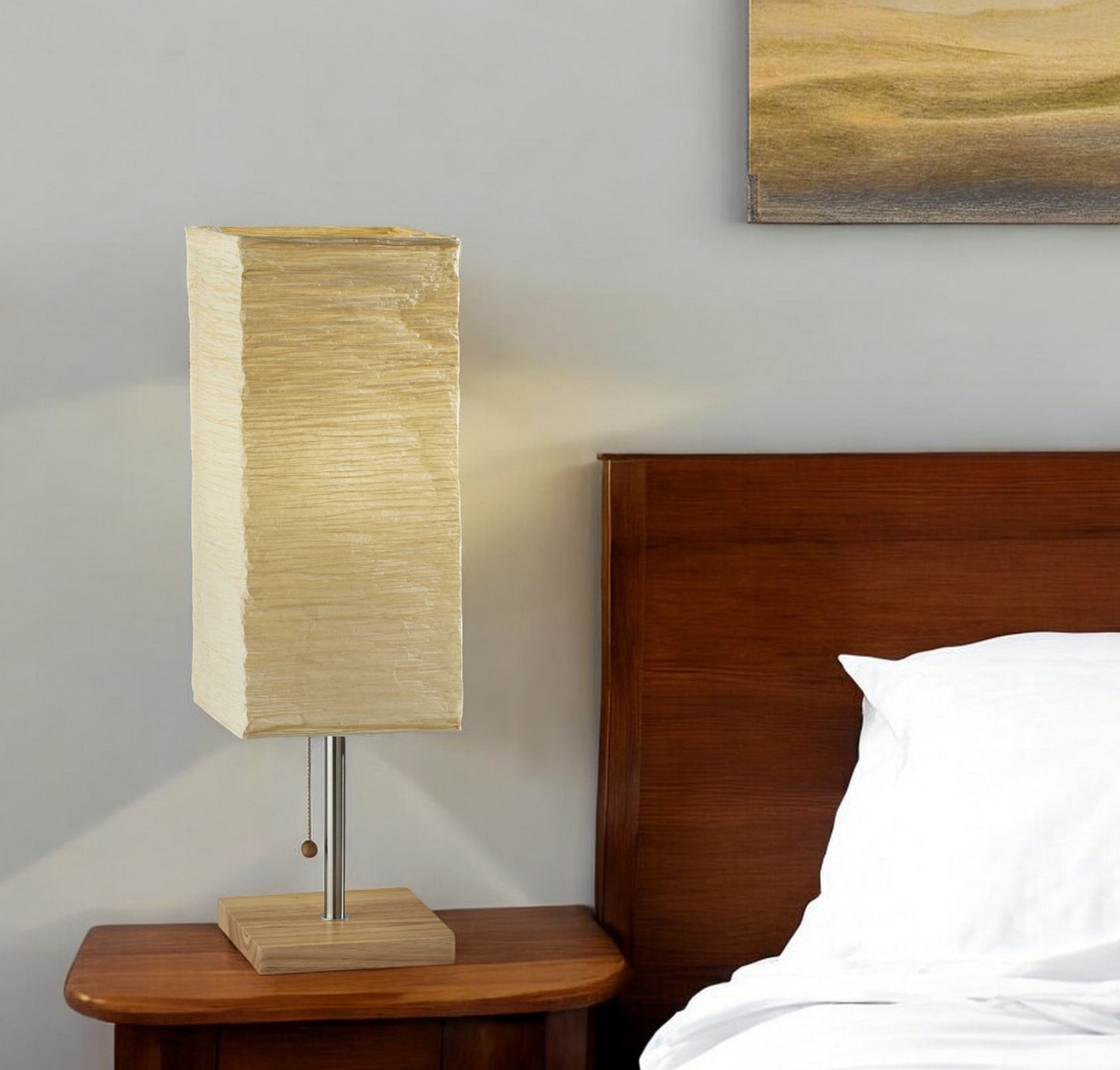 25" NATURAL SOLID WOOD AND SILVER METAL TABLE LAMP BEIGE PAPER SHADE - Varnish & Vibe