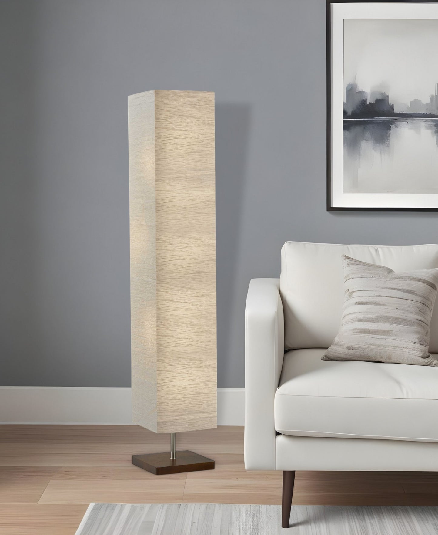 57" BROWN AND WHITE TWO LIGHT COLUMN FLOOR LAMP WITH WHITE PAPER RECTANGULAR SHADE - Varnish & Vibe