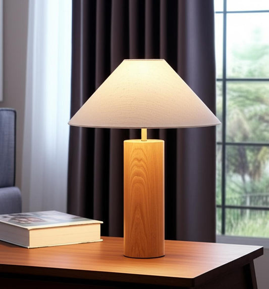 26" NATURAL SOLID WOOD CYLINDER TABLE LAMP WITH WHITE CONE SHADE - Varnish & Vibe