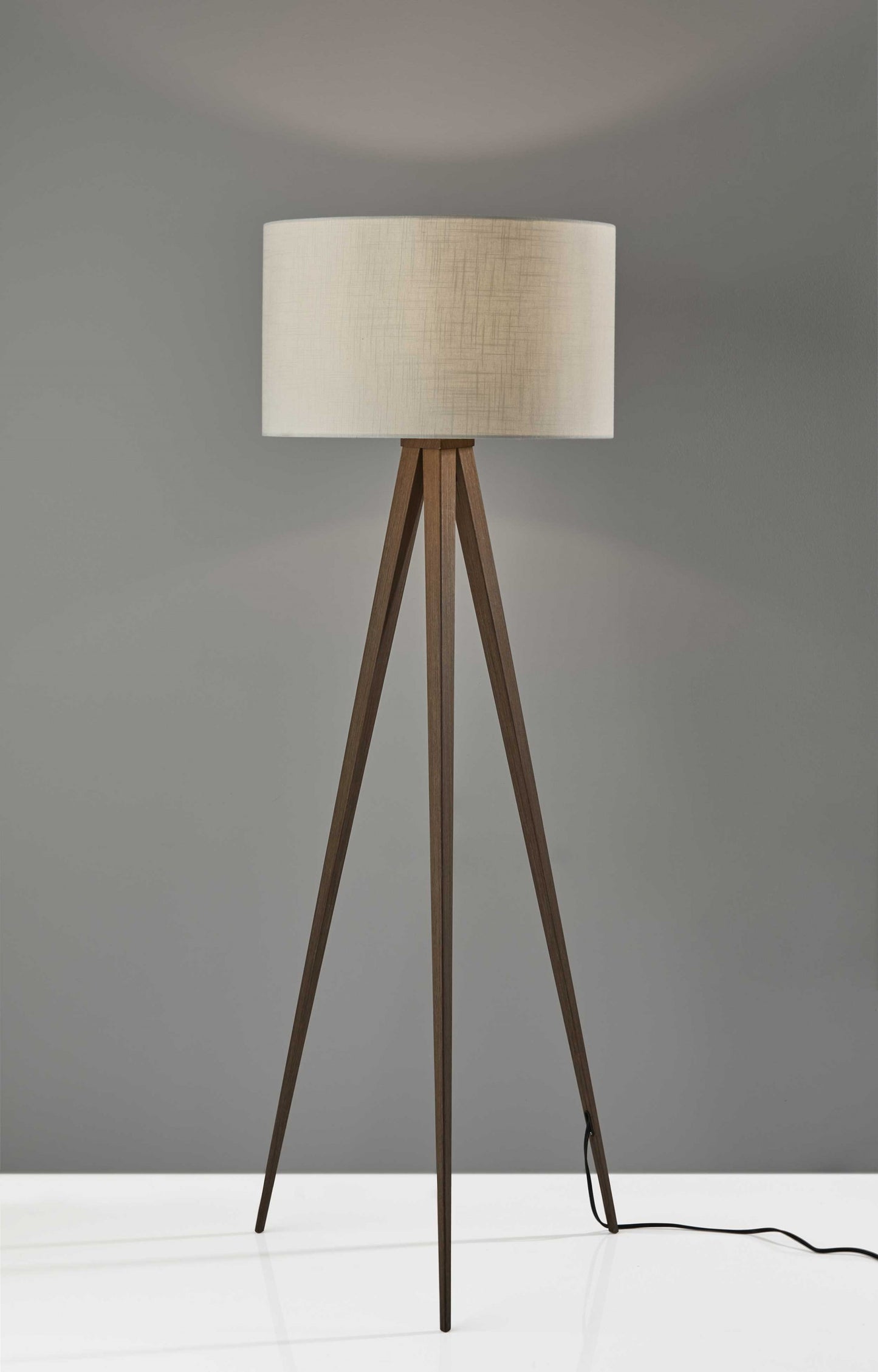 60" BROWN AND WHITE TRIPOD FLOOR LAMP WITH WHITE LINEN DRUM SHADE - Varnish & Vibe