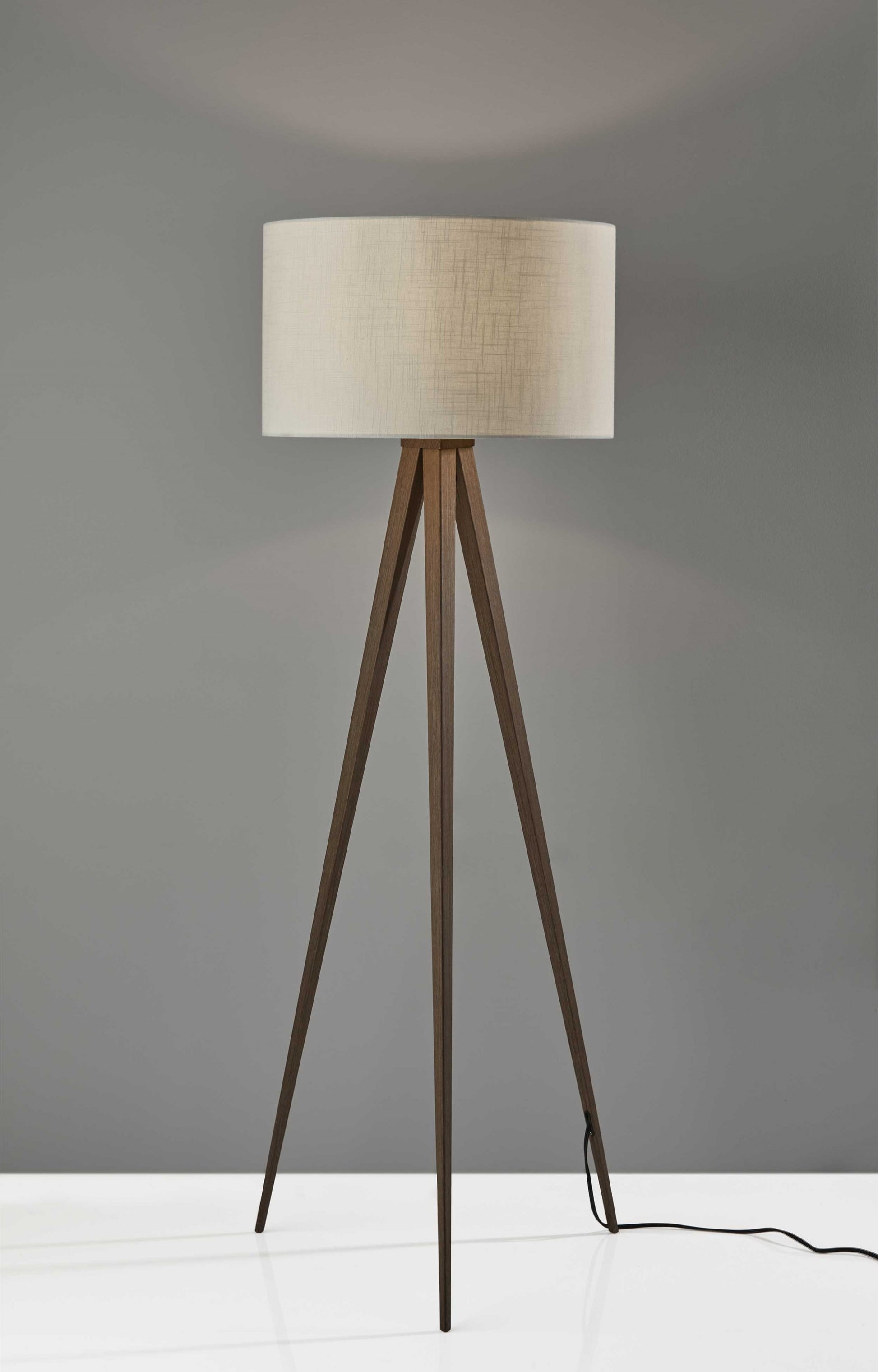 60" BROWN AND WHITE TRIPOD FLOOR LAMP WITH WHITE LINEN DRUM SHADE - Varnish & Vibe