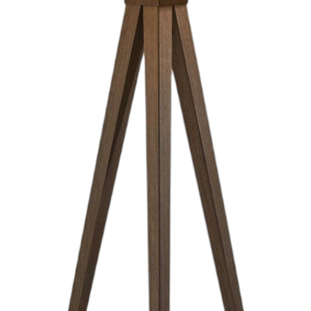60" BROWN AND WHITE TRIPOD FLOOR LAMP WITH WHITE LINEN DRUM SHADE - Varnish & Vibe
