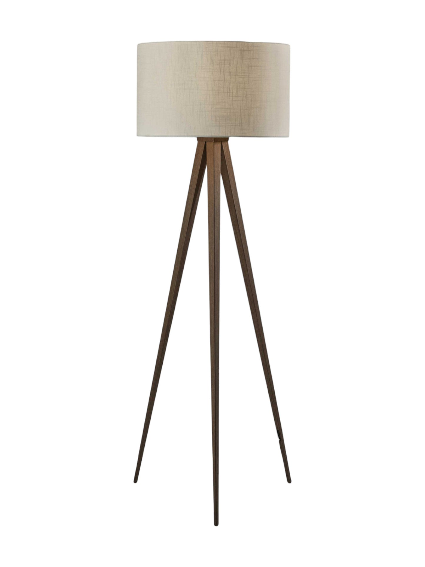 60" BROWN AND WHITE TRIPOD FLOOR LAMP WITH WHITE LINEN DRUM SHADE - Varnish & Vibe