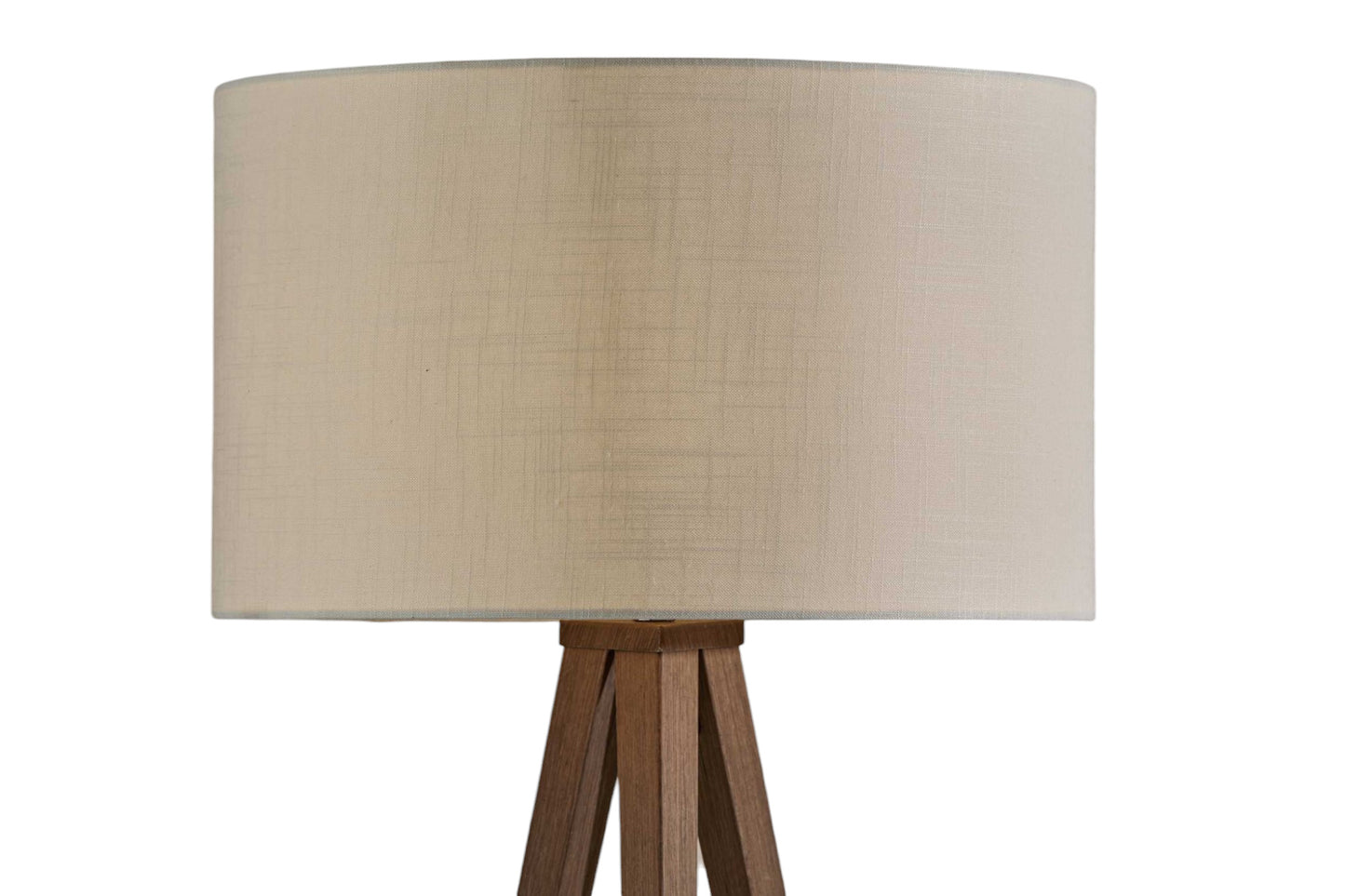 60" BROWN AND WHITE TRIPOD FLOOR LAMP WITH WHITE LINEN DRUM SHADE - Varnish & Vibe