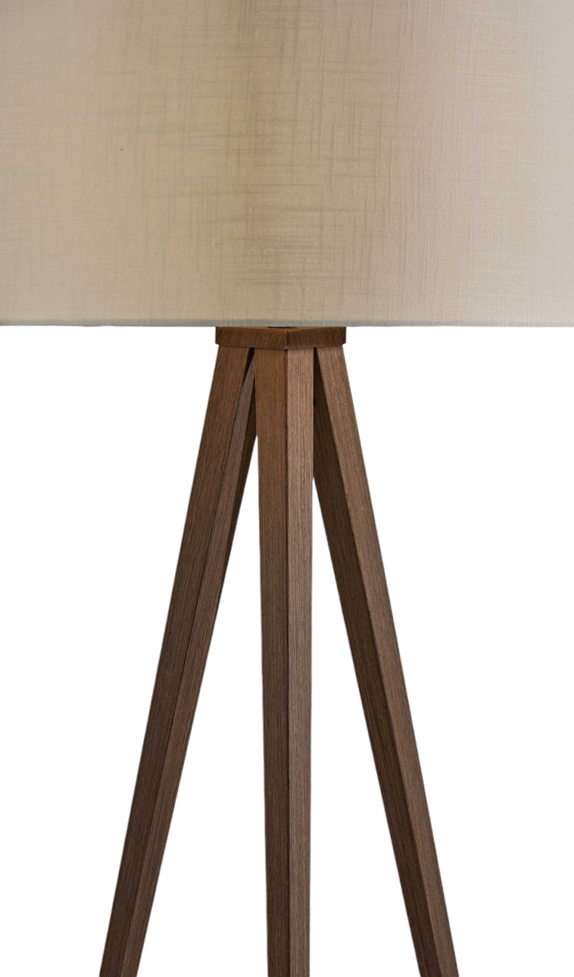 60" BROWN AND WHITE TRIPOD FLOOR LAMP WITH WHITE LINEN DRUM SHADE - Varnish & Vibe