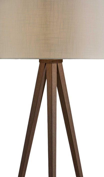 60" BROWN AND WHITE TRIPOD FLOOR LAMP WITH WHITE LINEN DRUM SHADE - Varnish & Vibe