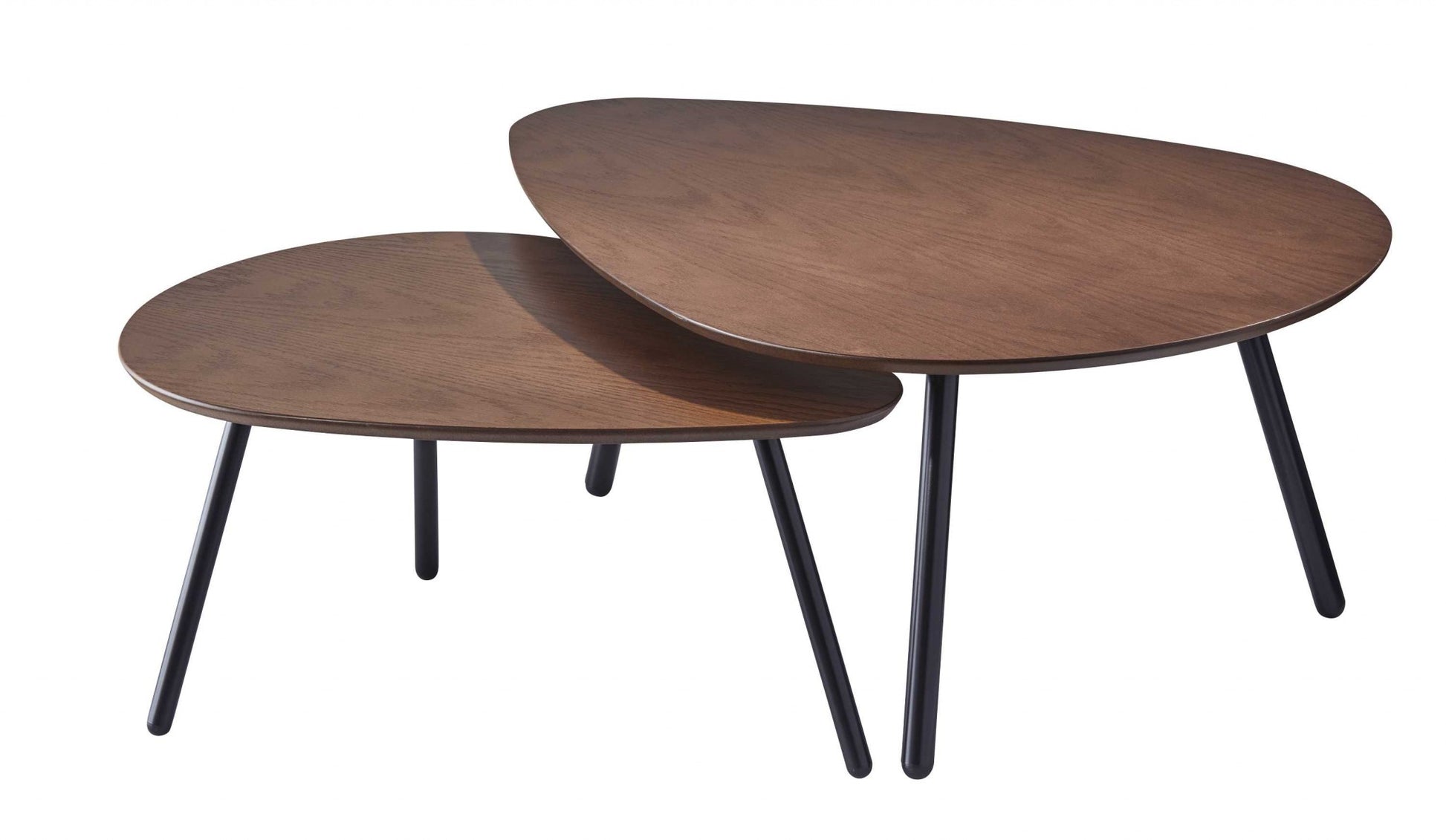 Two wooden coffee tables with black legs on a white background