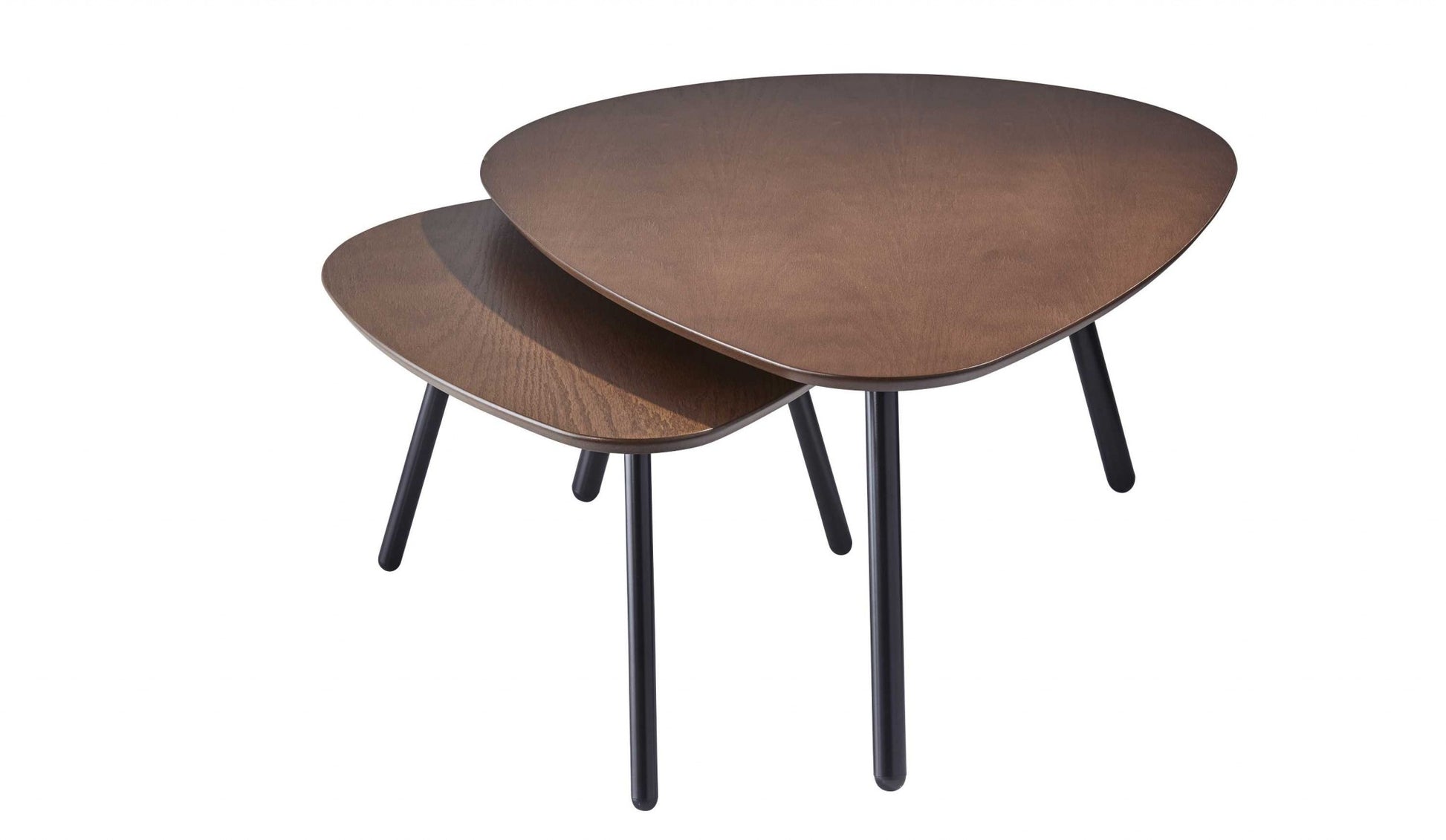 Set of two wooden nesting tables with black legs on a white background