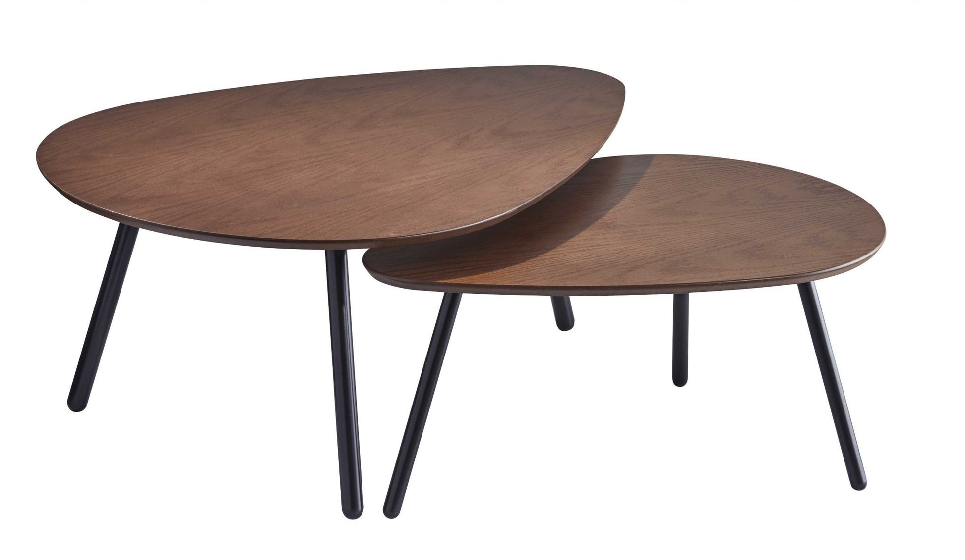 Two wooden coffee tables with black legs on a white background