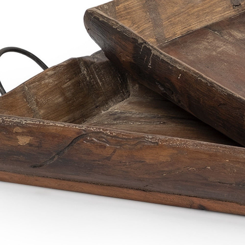 CALABASAS SET OF TWO BROWN RECTANGULAR WOOD INDOOR OUTDOOR SERVING TRAY WITH HANDLES - Varnish & Vibe