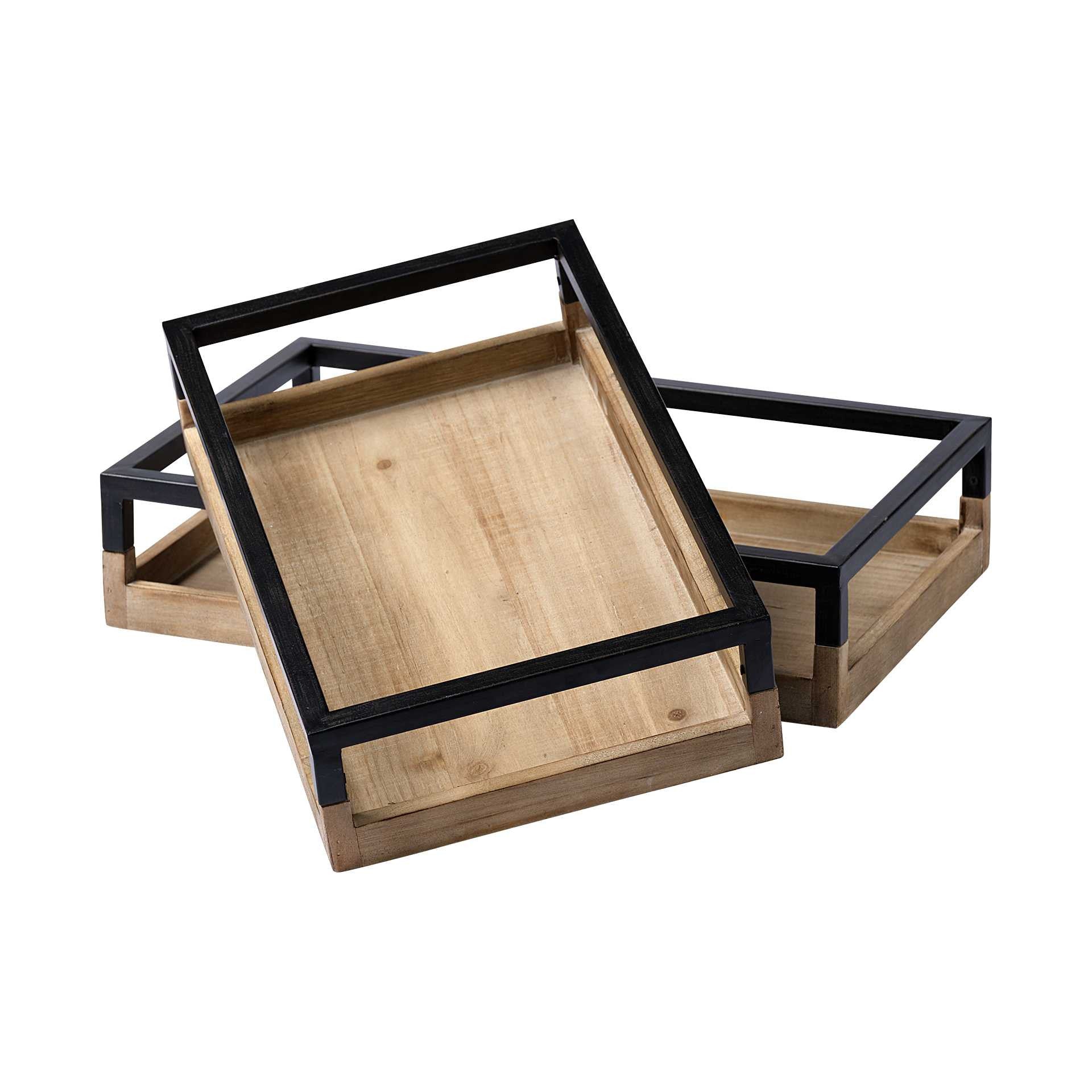 Wooden trays with black metal frames on a white background