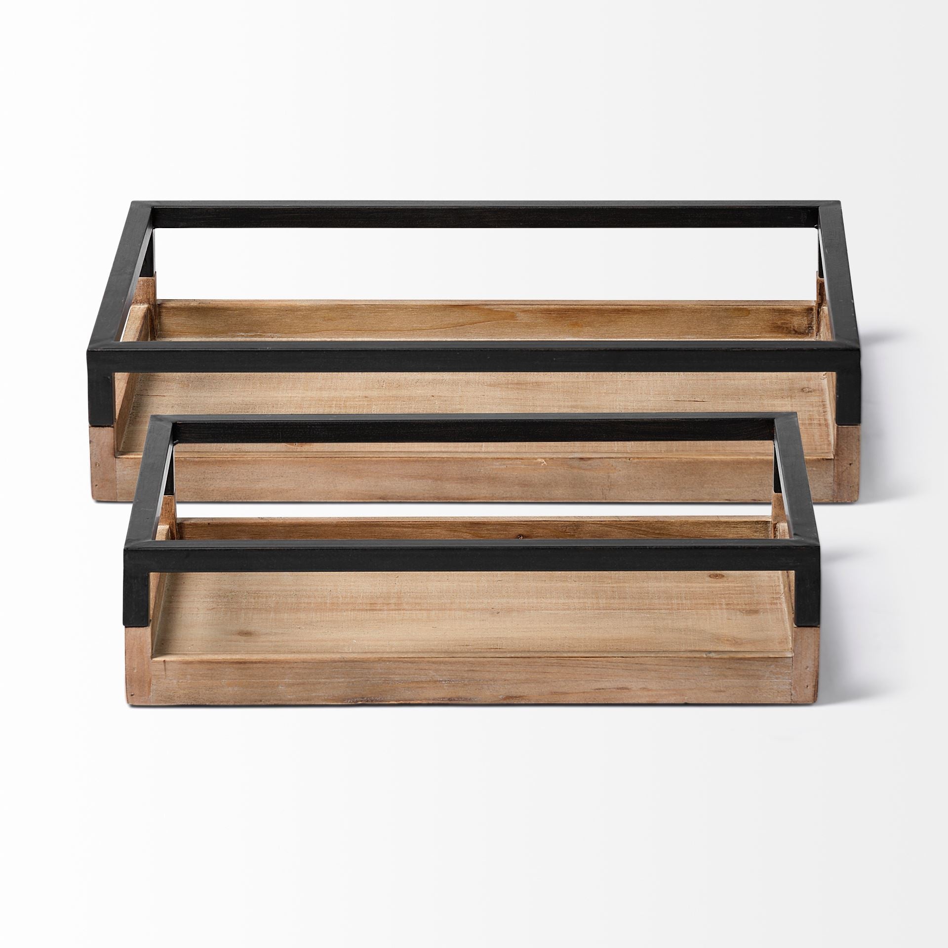 Two wooden trays with black metal frames on a white background