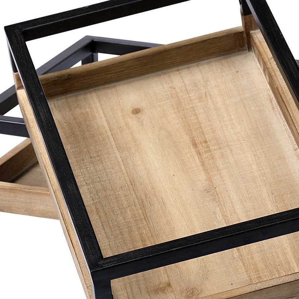 Wooden tray with black metal frame on a white background
