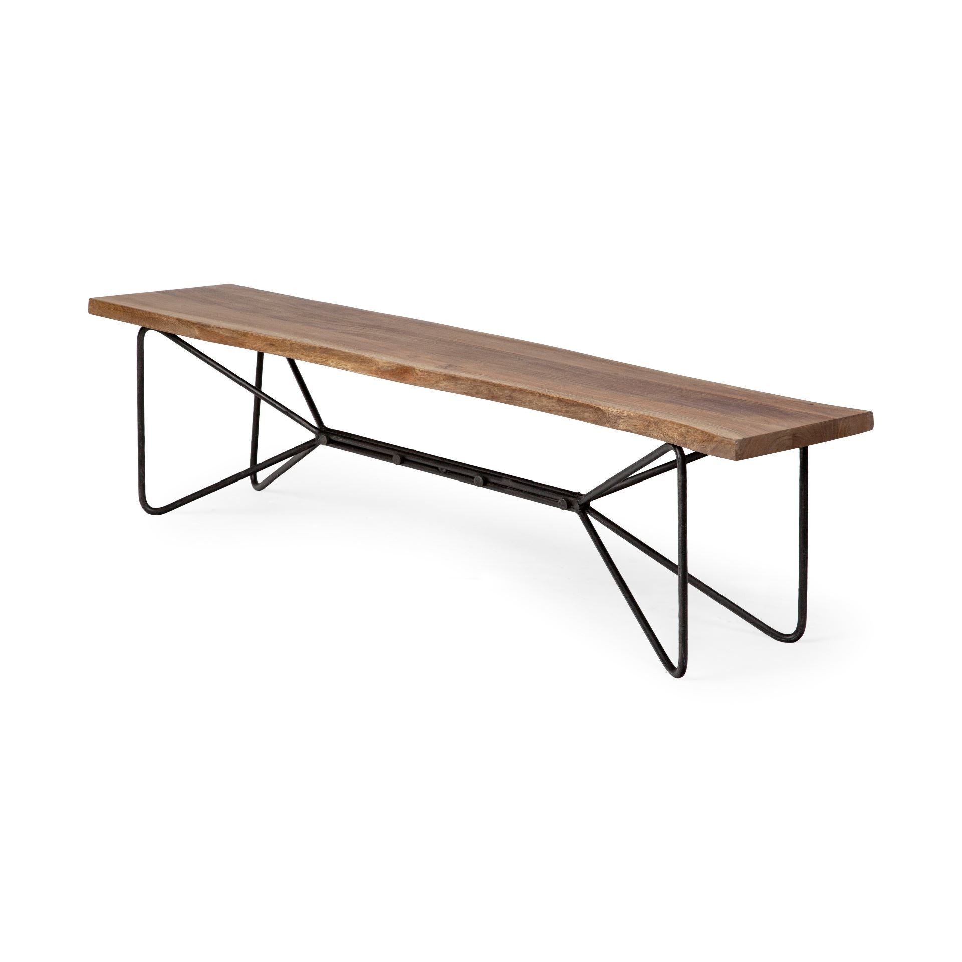 Long wooden bench with black metal legs on a white background