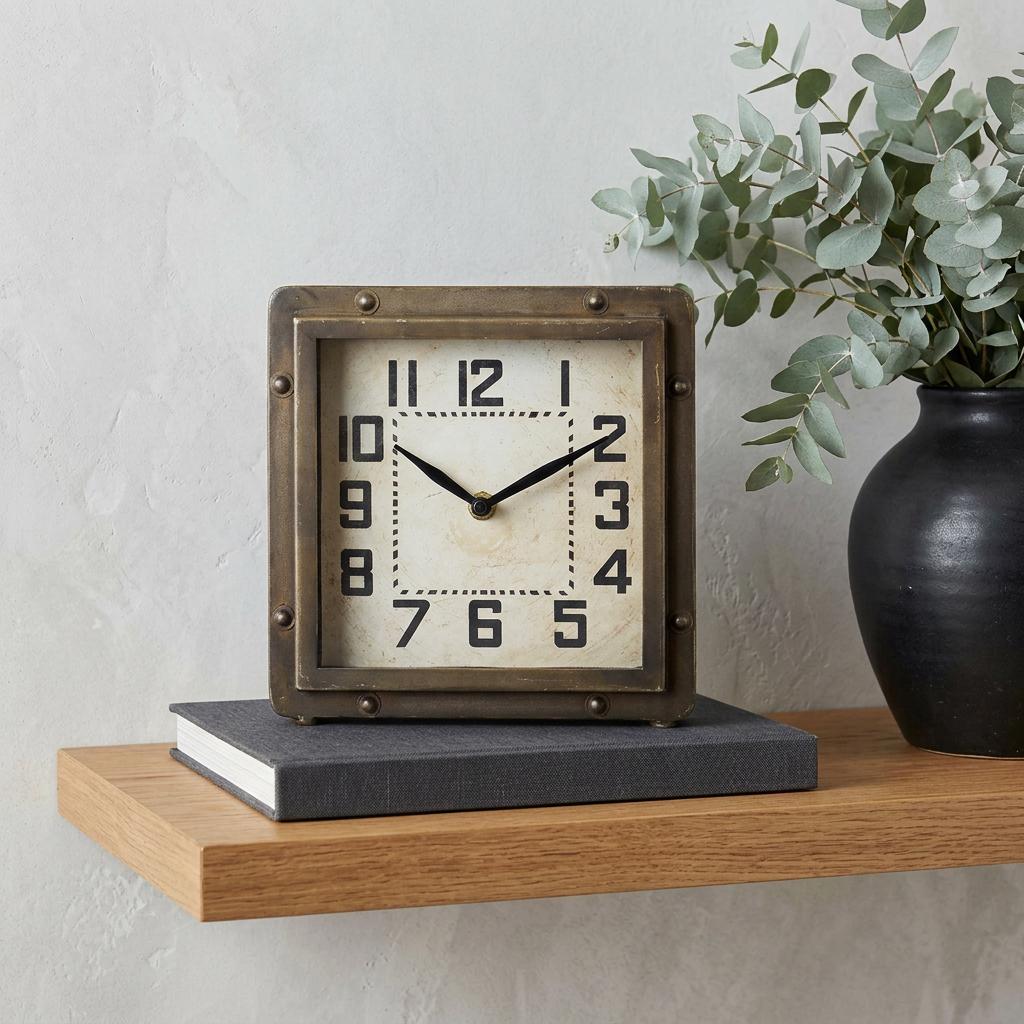 LAUREL SQUARE  BRONZE TONED METAL DESK TABLE CLOCK WITH TRADITIONAL BLACK NUMBERS AND HANDS