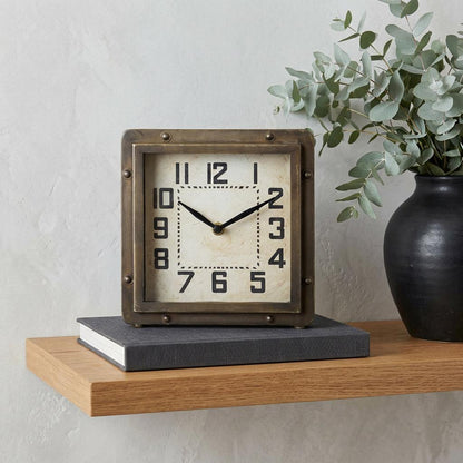 LAUREL SQUARE  BRONZE TONED METAL DESK TABLE CLOCK WITH TRADITIONAL BLACK NUMBERS AND HANDS