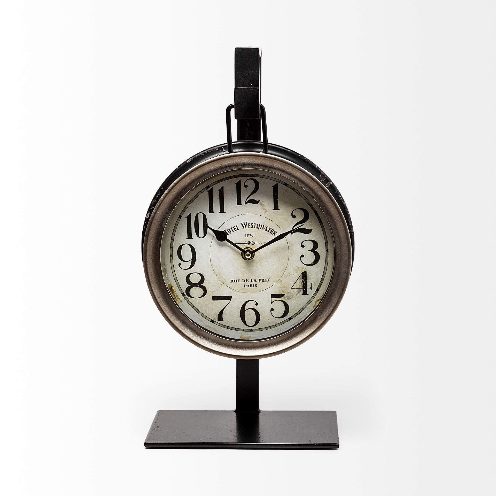 Vintage-style clock on a stand with a white background