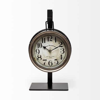 Vintage-style clock on a stand with a white background