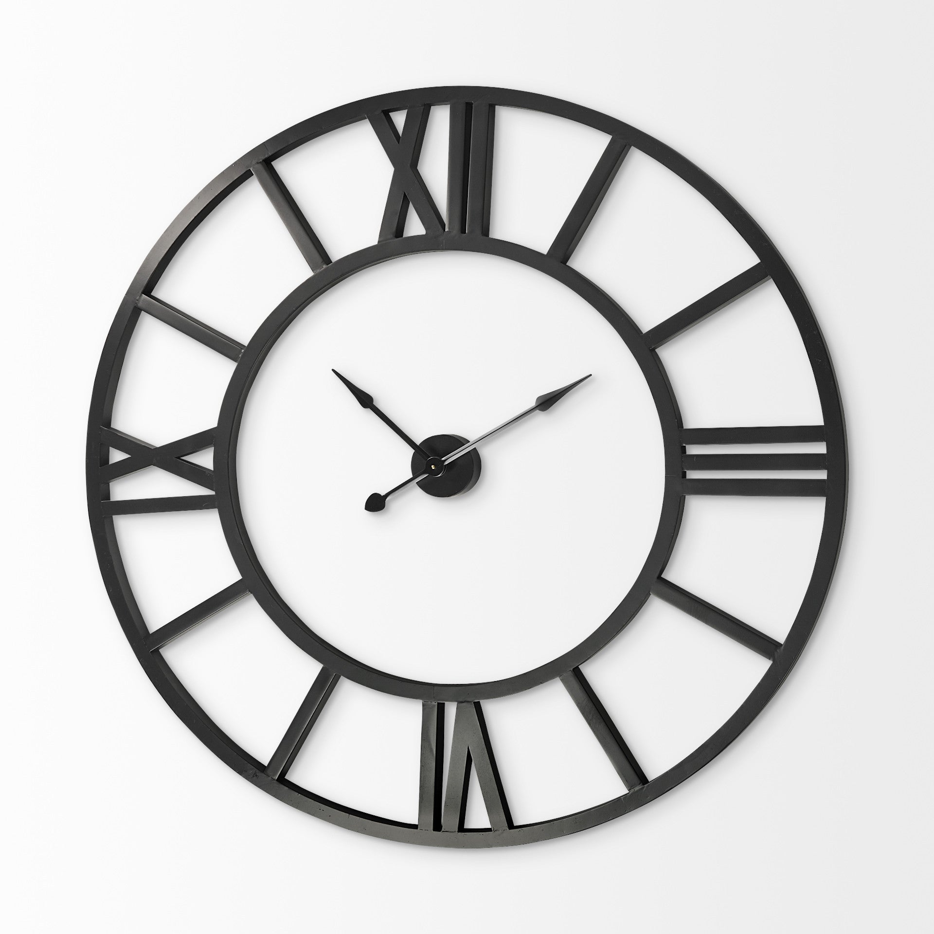 Black wall clock with Roman numeral markers on a white background