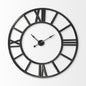 Black wall clock with Roman numeral markers on a white background