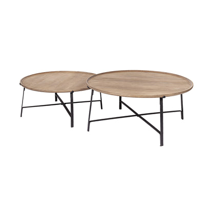Two round wooden coffee tables with metal legs on a white background