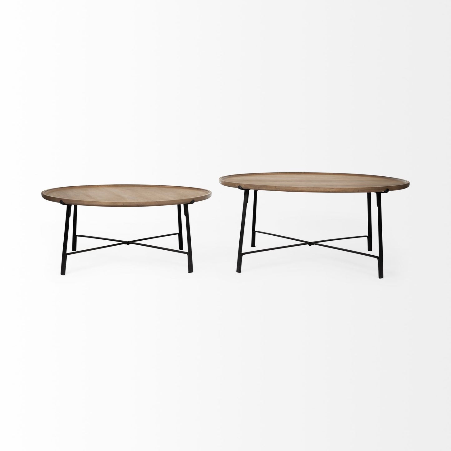 Two round wooden tables with metal legs on a white background