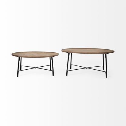 Two round wooden tables with metal legs on a white background