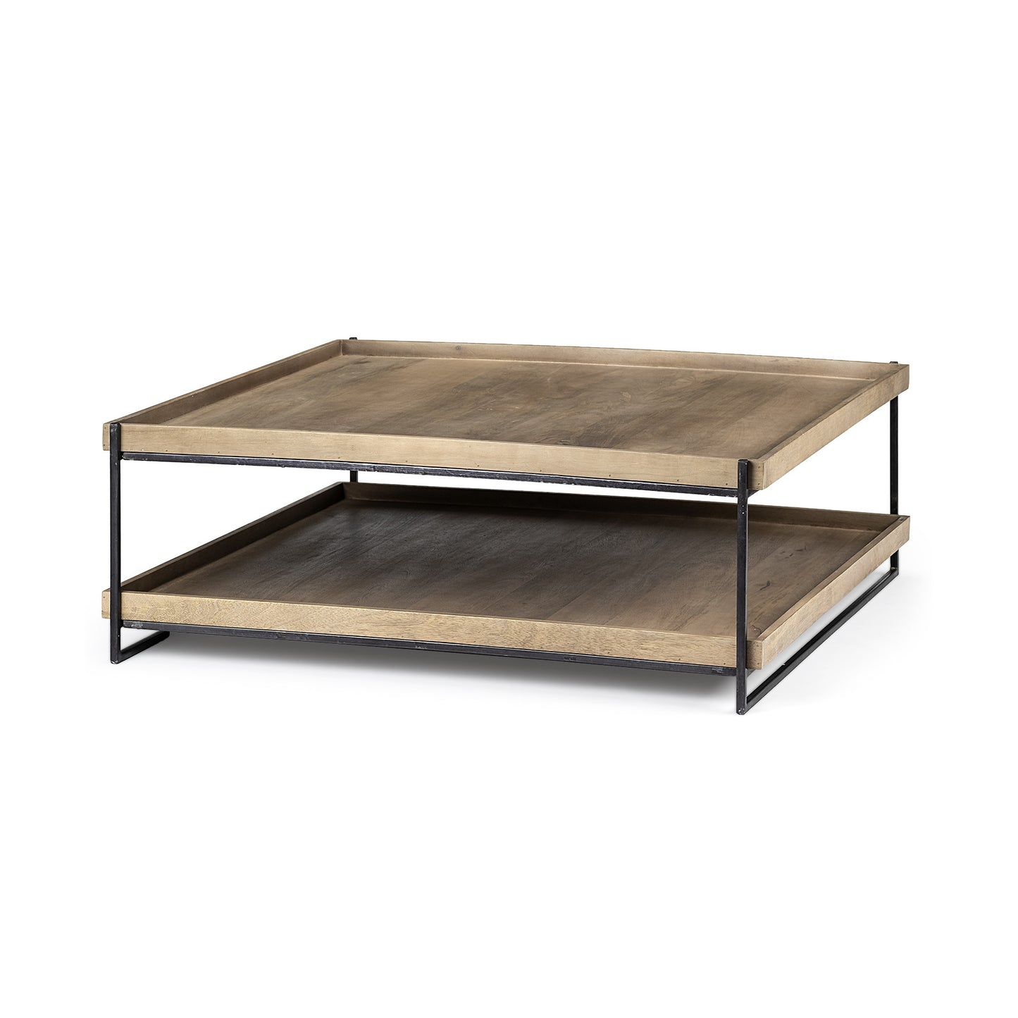 Two-tiered wooden coffee table with metal frame on a white background