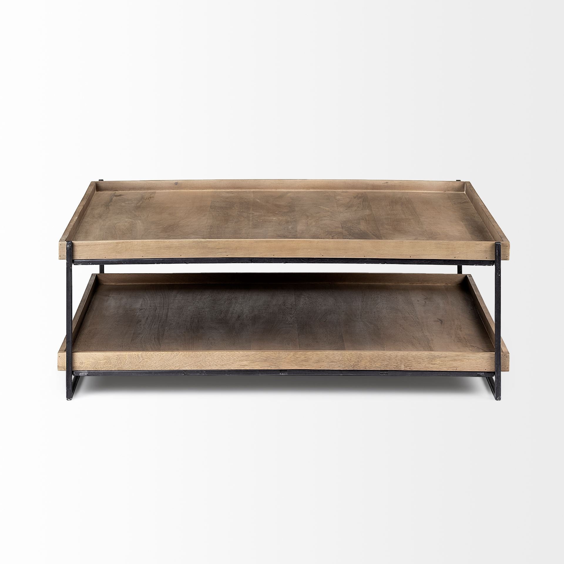 Two-tier wooden shelf with metal brackets on a white background