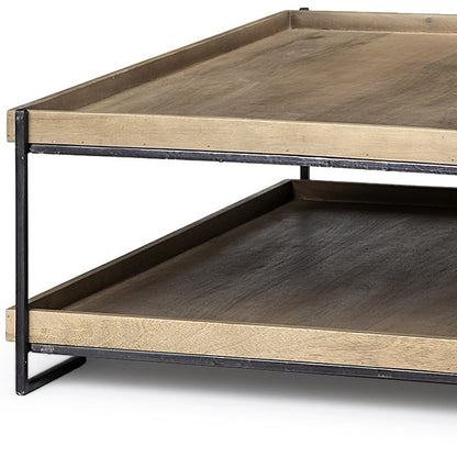 Two-tiered wooden table with metal frame on a white background
