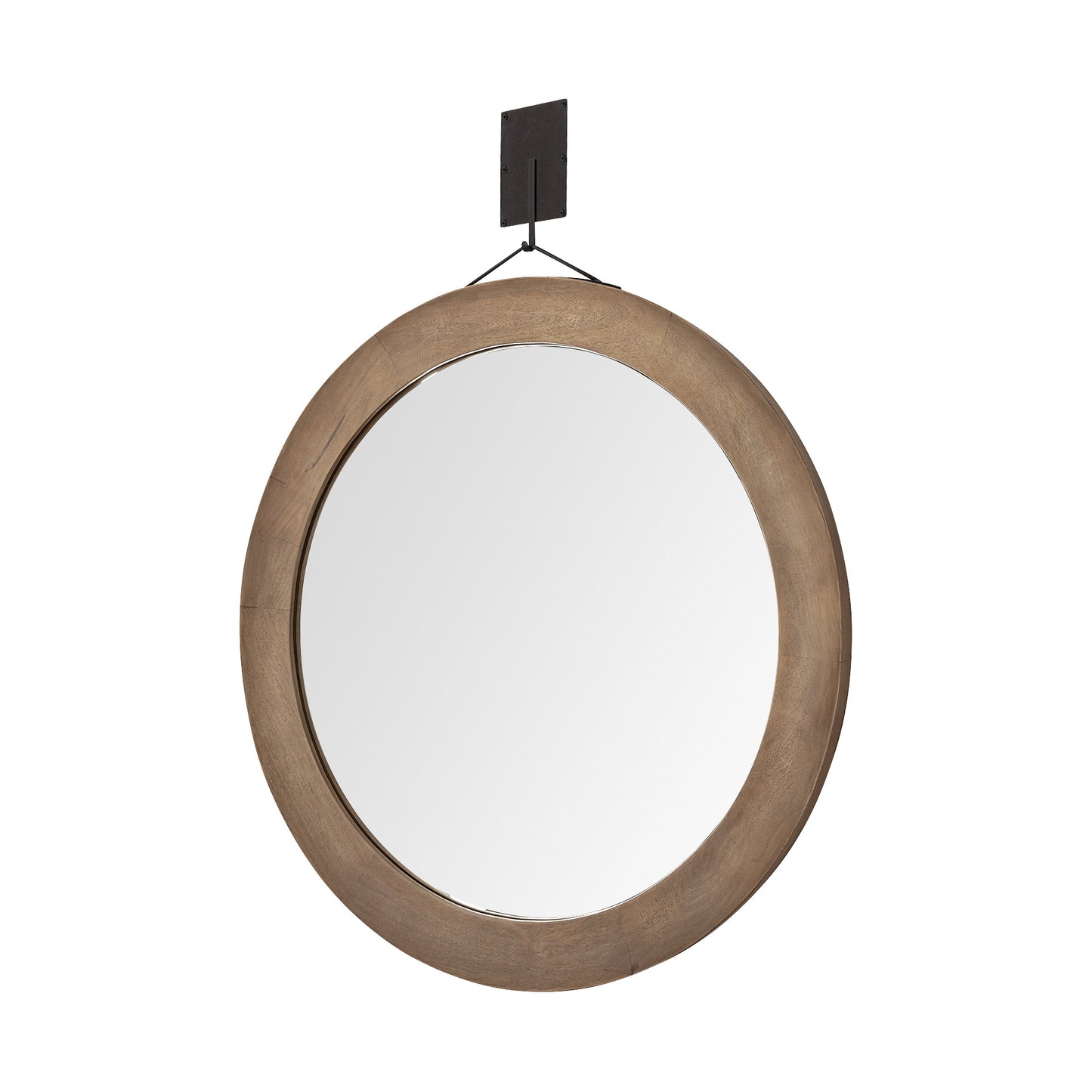 Round wooden-framed mirror with a black hook on a white background