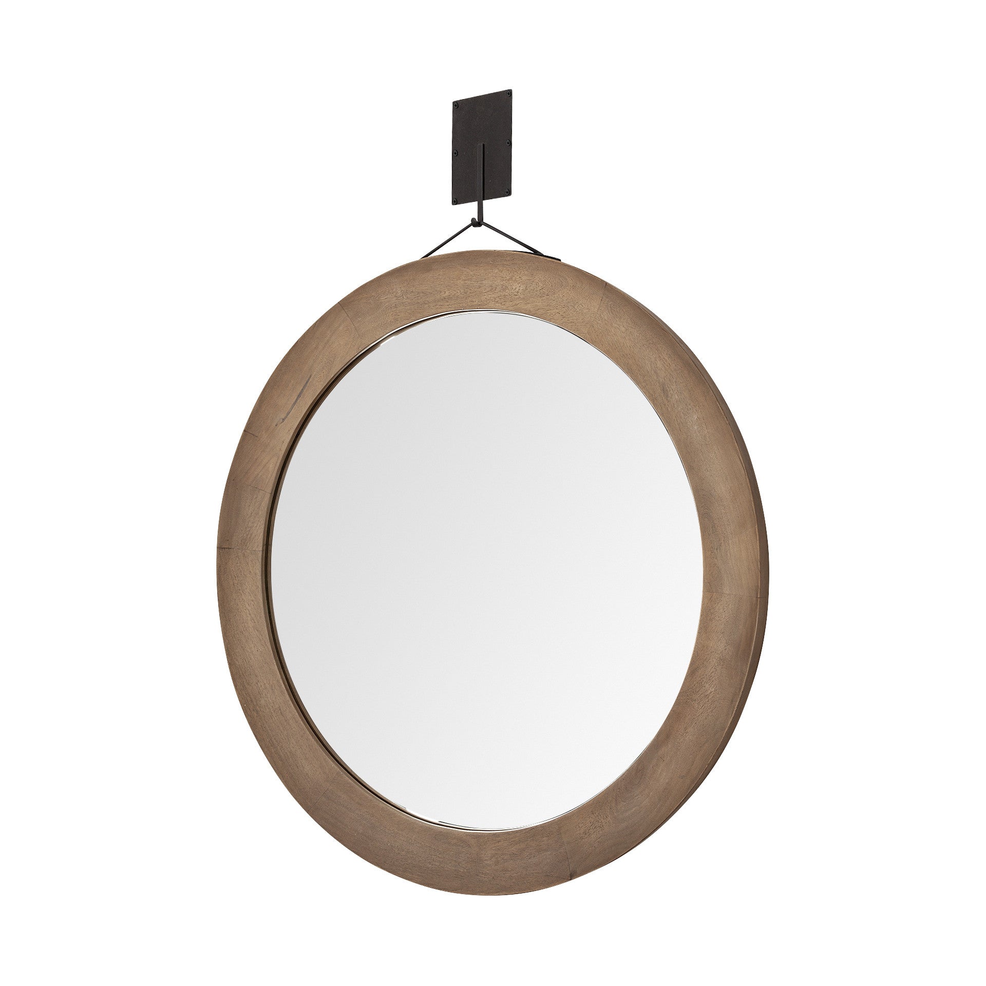 Round wooden-framed mirror with a black hook on a white background