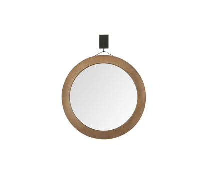 Round wooden mirror with a black hook on a white background