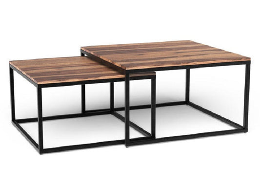 Set of two wooden coffee tables with metal frames on a white background