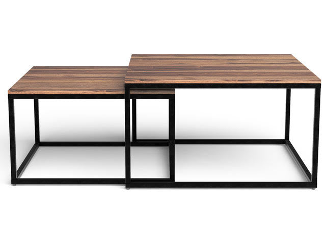 Two wooden tables with black metal frames on a white background