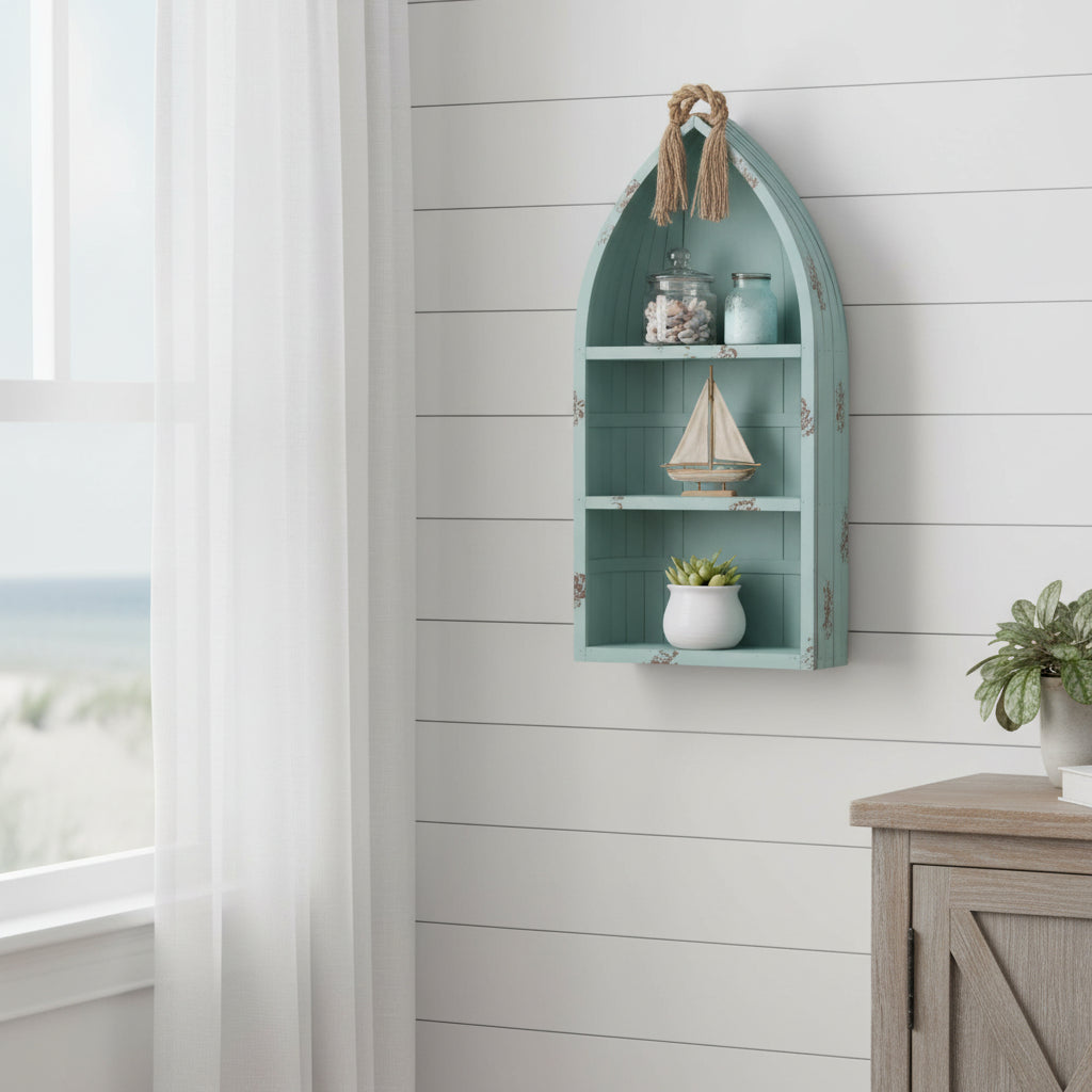 34" AQUA BLUE WOOD CANOE HANGING SHELF - Varnish & Vibe